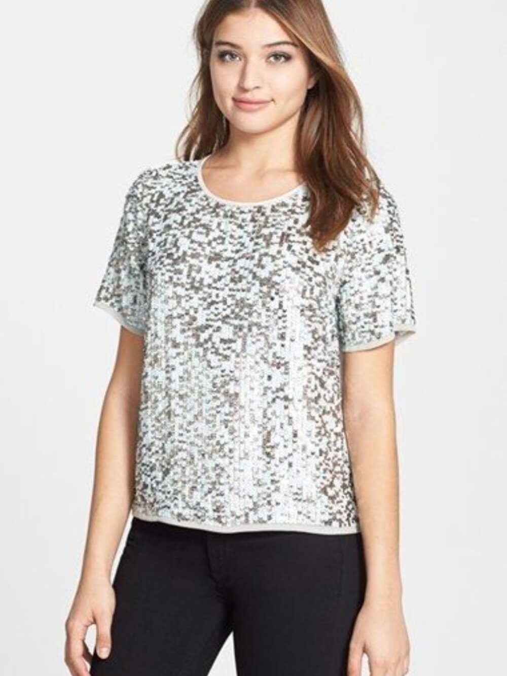 Pleione Silver Sequin Top S Aqua Sparkle Tee NWT $69